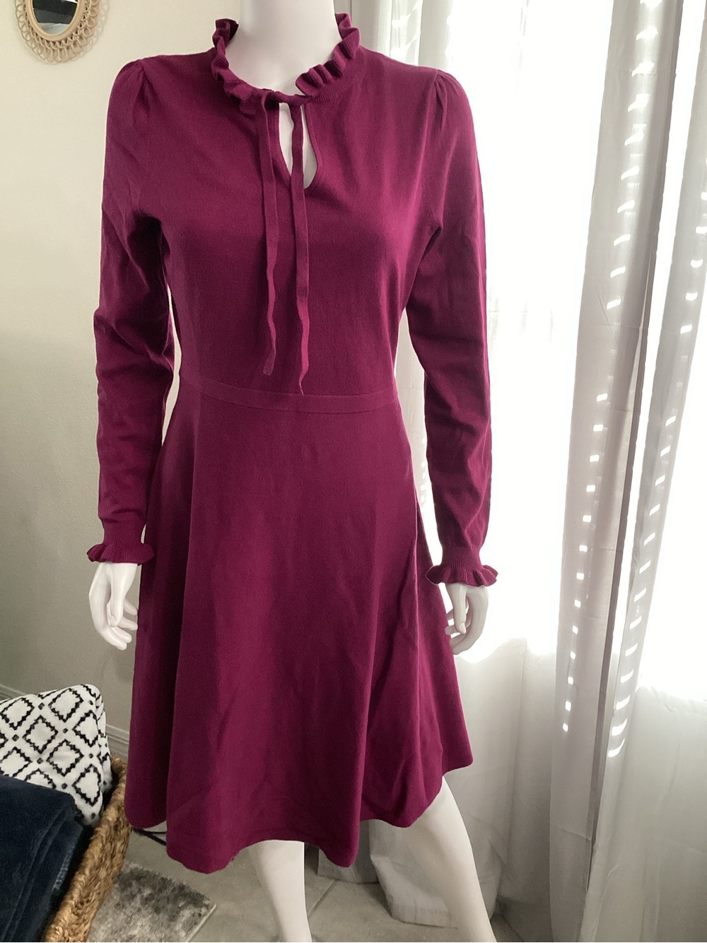 Boden Pink Knit Sweater Dress Ruffle Neck Tie Waist Long Sleeve Womens 6R